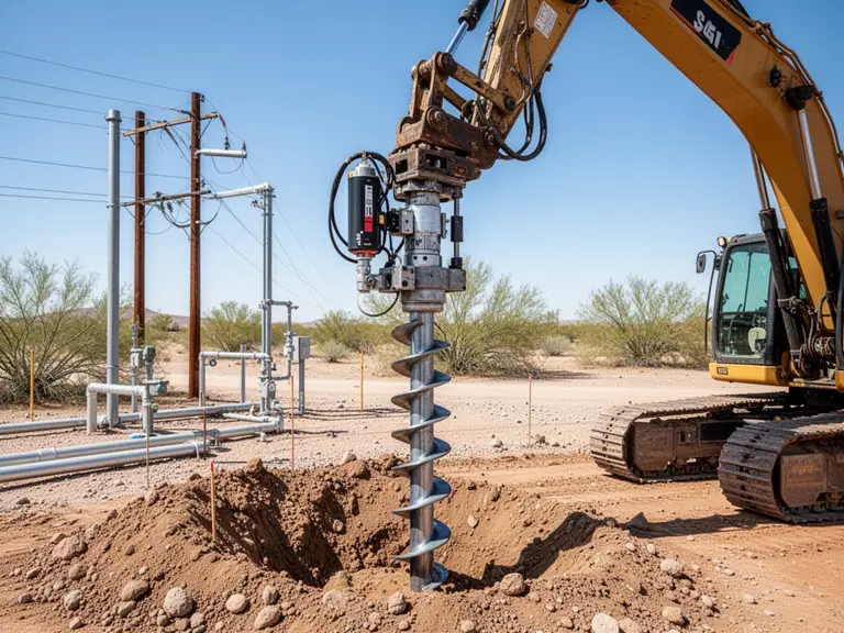 Helical pile installation equipment setting deep foundations in a tight easement
